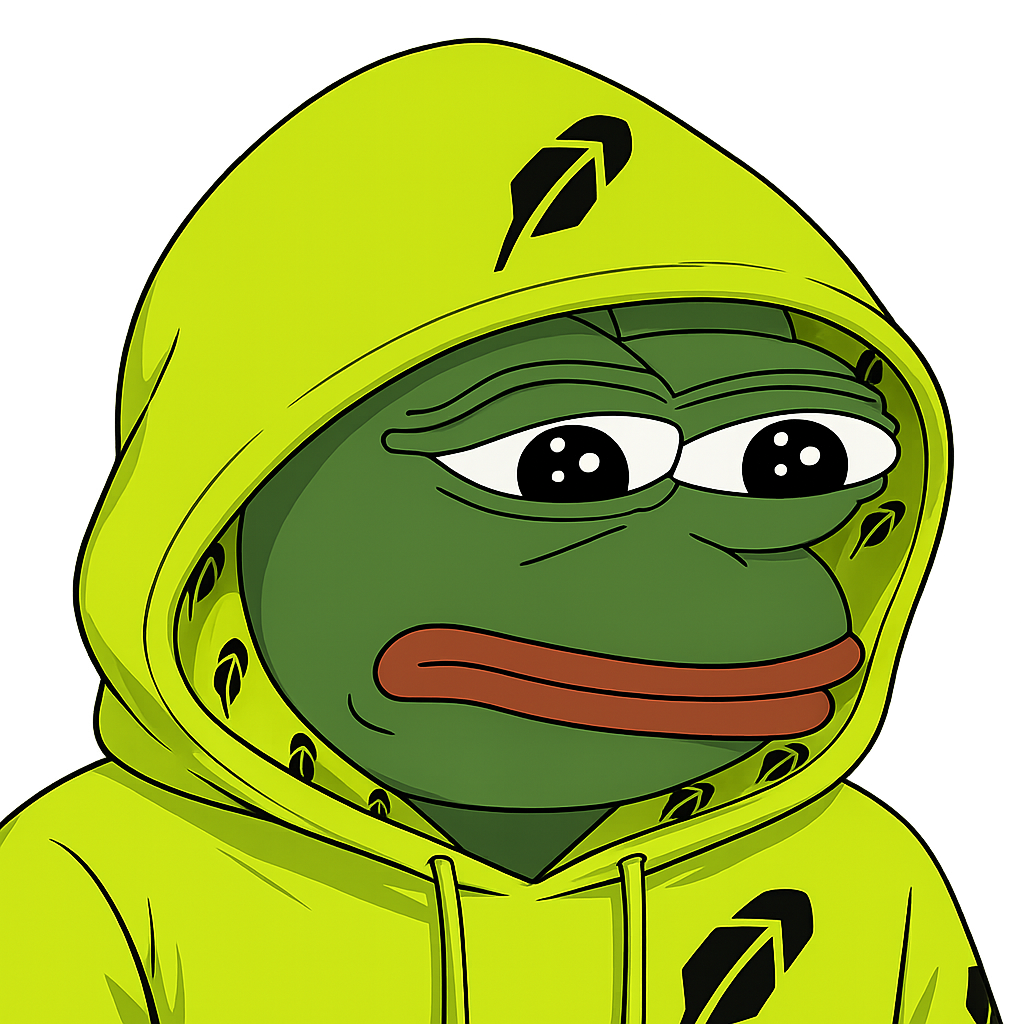 Pepe wearing a neon green Robinhood hoodie